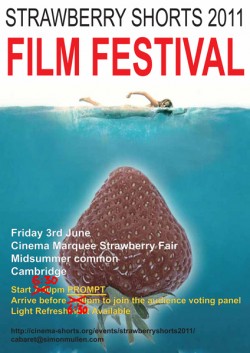 Event poster for The Strawberry Shorts Film Festival 2011 by Helen Judge